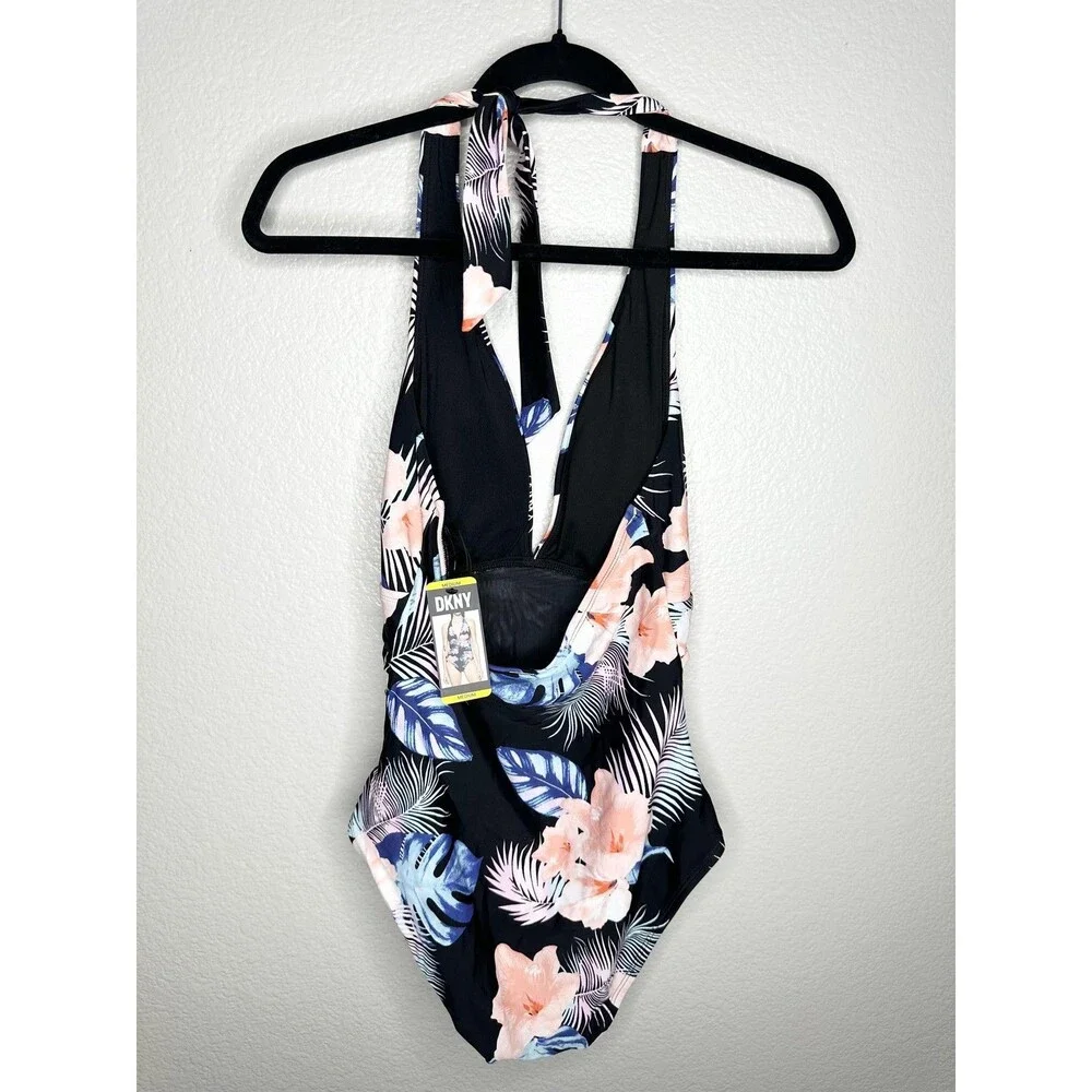 NEW DKNY Swimsuit One Piece Womens Medium Black Floral Halter Tummy Control UPF - Picture 6 of 6